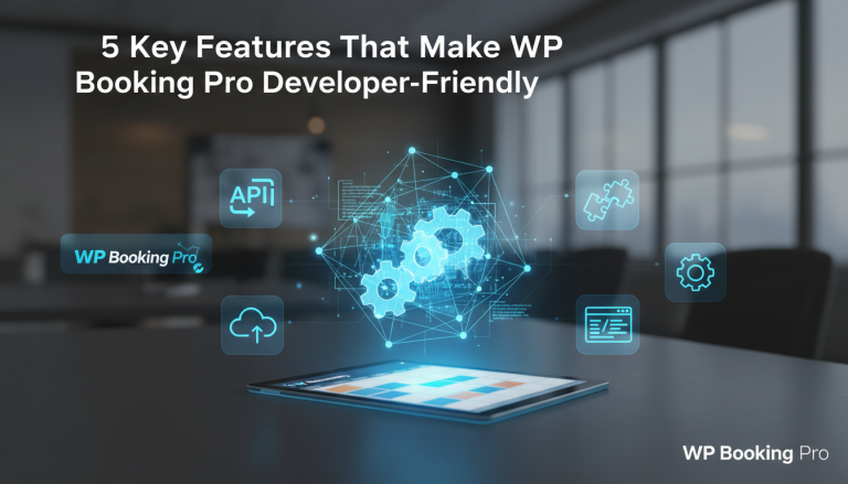 Create a featured image for a blog post with this context: Article title: "5 Key Features That Make WP Booking Pro Developer-Friendly" Summary: As a developer or business owner evaluating booking plug