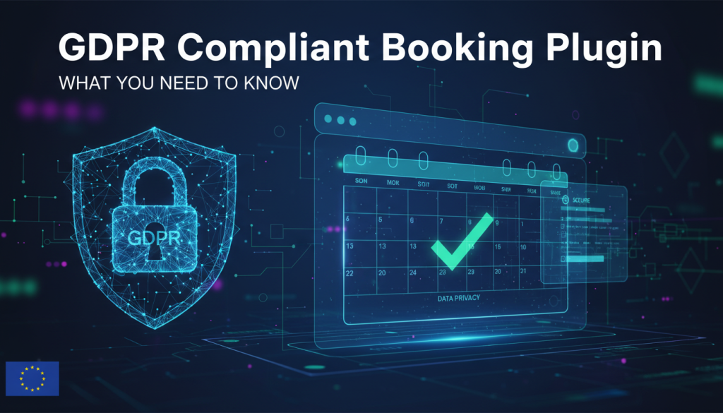 Create a featured image for a blog post with this context: Article title: "GDPR Compliant Booking Plugin: What You Need to Know" Summary: If your business collects personal data through a booking syst