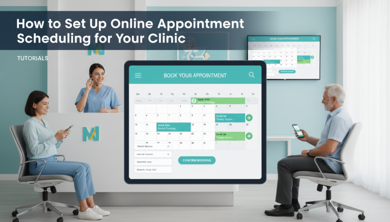 Create a featured image for a blog post with this context: Article title: "How to Set Up Online Appointment Scheduling for Your Clinic" Summary: Medical clinics, dental offices, and therapy practices