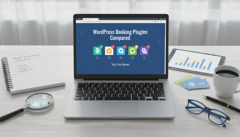Create a featured image for a blog post with this context: Article title: "Top 5 Free WordPress Booking Plugins Compared" Summary: Choosing a free WordPress booking plugin can be overwhelming. There a
