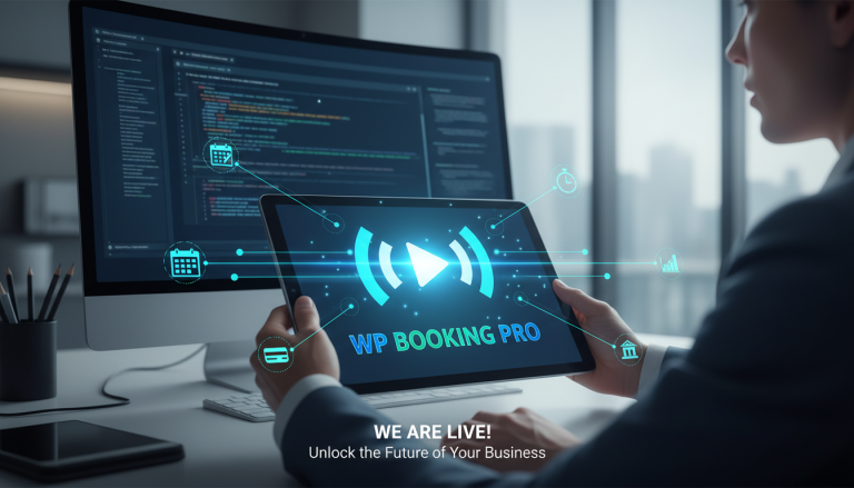 Create a featured image for a blog post with this context: Article title: "We are Live! Introducing WP Booking Pro" Summary: After months of development and testing, WP Booking Pro is officially avail